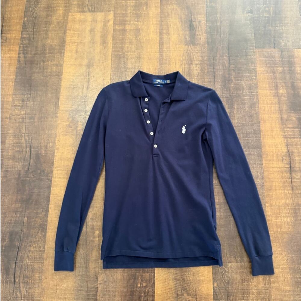 Polo Ralph Lauren Slim Fit Long Sleeve Performance Polo Shirt Navy Blue Size S